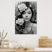 Bloemengodin in zwart en wit poster (Keuken)