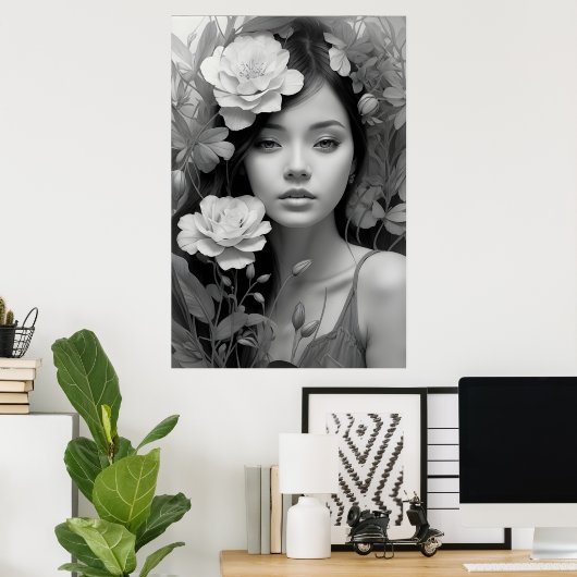 Bloemengodin in zwart en wit poster (Thuiskantoor)