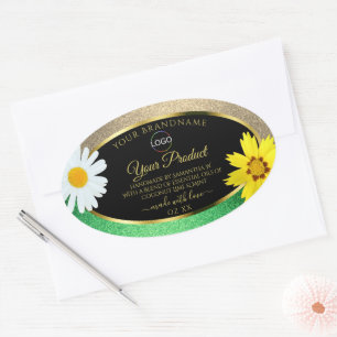 Bloemengoud Groen Glitter Zwart Productlabel Logo Ovale Sticker