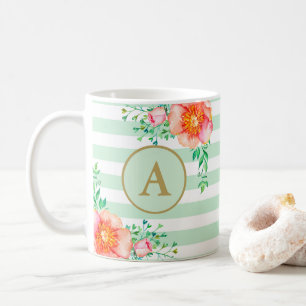 Bloemengoud Monogram Mint wit gestreept Koffiemok