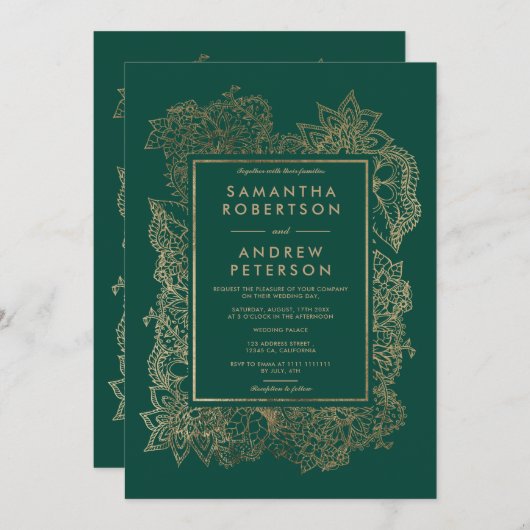 Bloemengoud smaragdgroene details hotel bruiloft kaart (Voorkant / Achterkant)