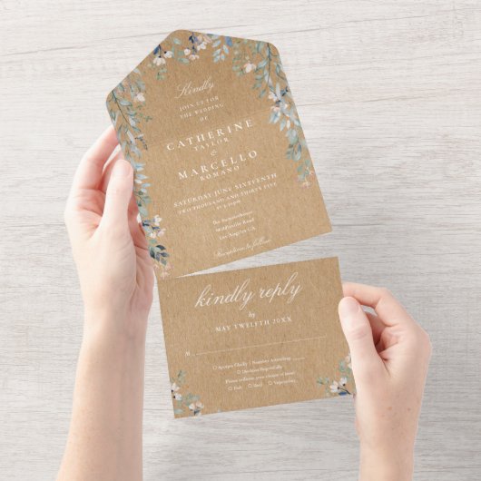 Bloemengroen Cascade Rustic Kraft Wedding All In One Uitnodiging (Afscheurbaar)