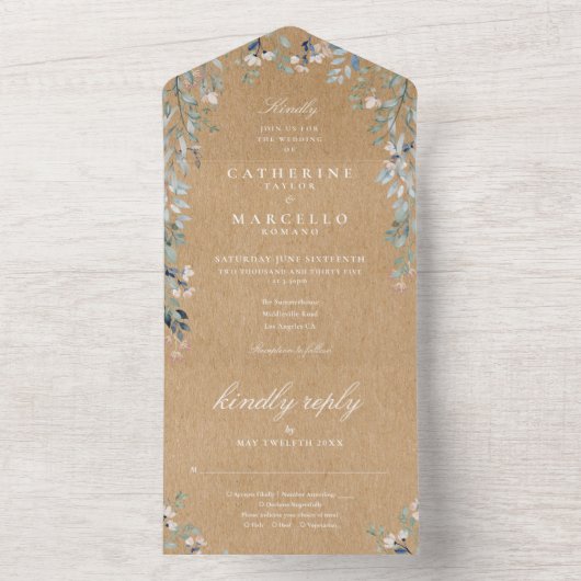 Bloemengroen Cascade Rustic Kraft Wedding All In One Uitnodiging (Binnen)