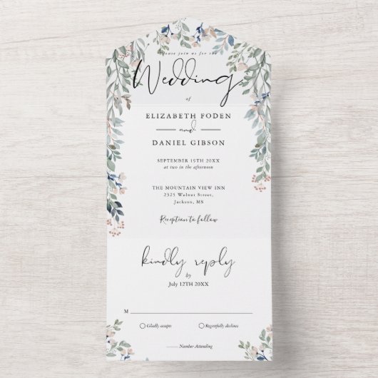 Bloemengroen Elegant Script bruiloft All In One Uitnodiging (Binnen)