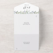 Bloemengroen Elegant Script Hearts Bruiloft All In One Uitnodiging (Buitenkant)