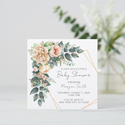 Bloemengroen Geometrische Baby shower Uitnodiging (Staand voorkant)