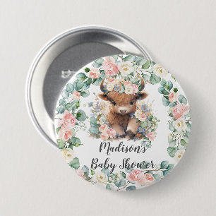 Bloemengroen Highland Koe Baby shower Verjaardag Ronde Button 7,6 Cm
