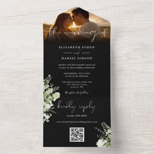 Bloemengroen QR Code Script bruiloft foto All In One Uitnodiging (Binnen)