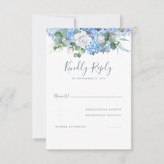 Bloemengroen Stoffig Blauw Bruiloft RSVP Kaartje (Voorkant)