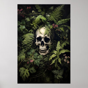 Bloemengroene varen schedel portretprint, donker poster