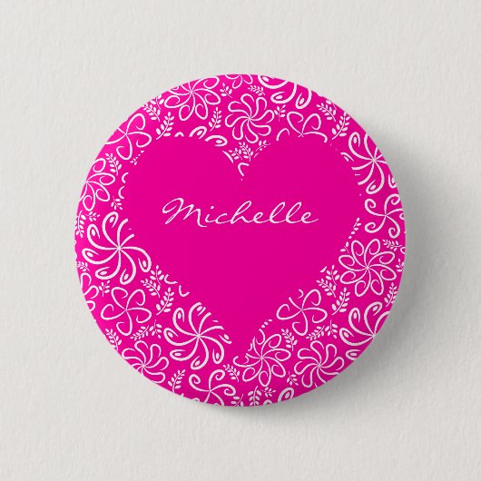 Bloemenhart in roze met een naam ronde button 5,7 cm (Voorkant)