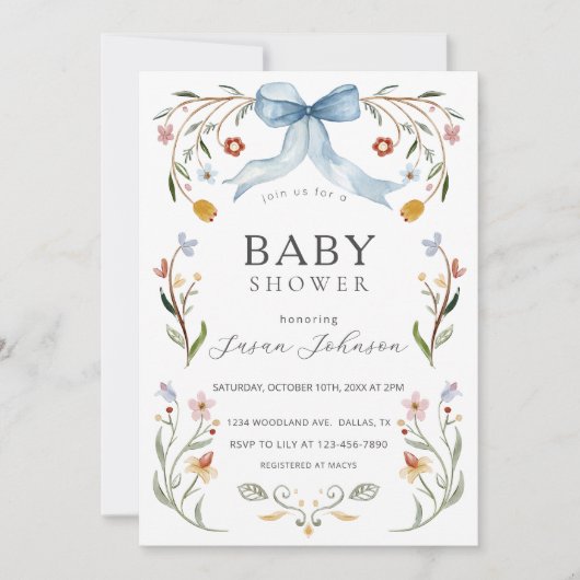 Bloemenkader Blauwe Strik Baby Shower Kaart (Voorkant)