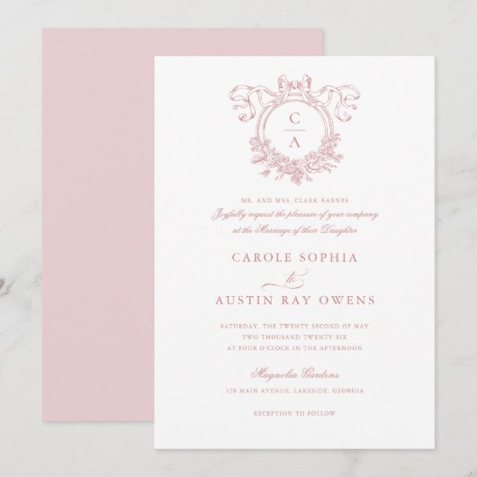  Bloemenkam Blush Bow Ribbon Wedding Kaart (Voorkant / Achterkant)