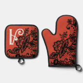 Bloemenkant Monogram Koken Bakkeuken Ovenwant & Pannenlap Set (Voorkant)