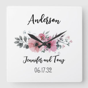 Bloemenklok Roze Bloemen en Roos huwelijkscadeau Vierkante Klok