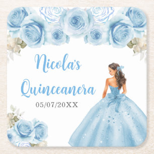 Bloemenkoningin in blauwe jurk Quinceanera Vierkante Kartonnen Onderzetter