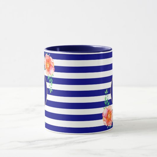 Bloemenkoud Monogram Navy Wit Gestreept Mok (Midden)