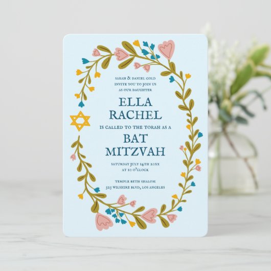 Bloemenkrans Bat Mitzvah Hand-getekende aangepaste Kaart (Staand voorkant)