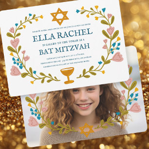 Bloemenkrans Bat Mitzvah Hand-getekende aangepaste Kaart