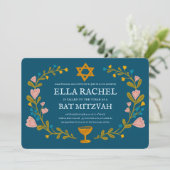 Bloemenkrans Bat Mitzvah Hand-getekende aangepaste Kaart (Staand voorkant)