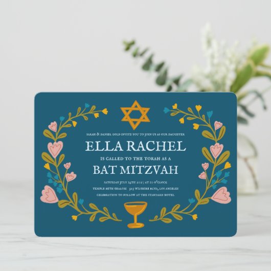 Bloemenkrans Bat Mitzvah Hand-getekende aangepaste Kaart (Staand voorkant)