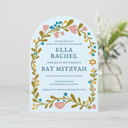 Bloemenkrans Bat Mitzvah Hand-getrokken Custom Arc Kaart (Staand voorkant)