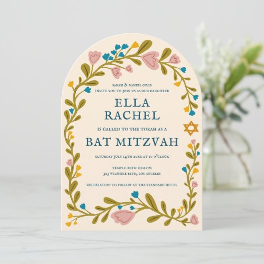 Bloemenkrans Bat Mitzvah Hand-getrokken Custom Arc Kaart (Staand voorkant)