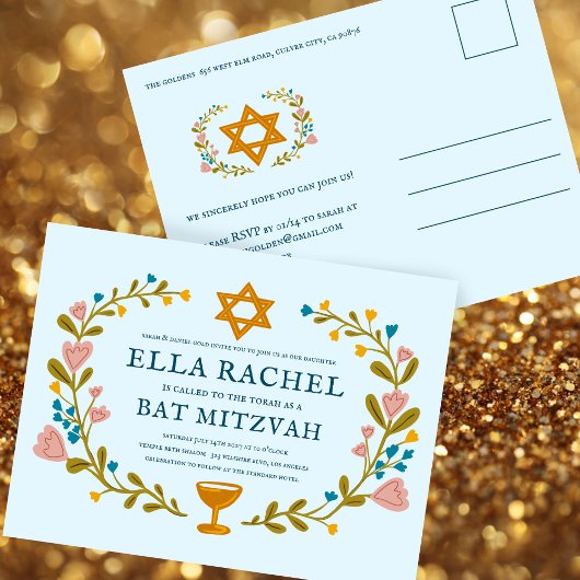 Bloemenkrans Bat Mitzvah Hand-getrokken Custom Briefkaart