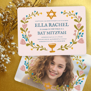 Bloemenkrans Bat Mitzvah Hand-getrokken Custom Kaart