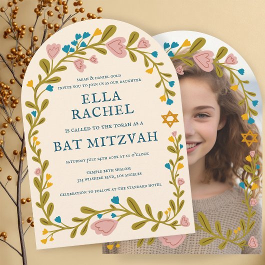 Bloemenkrans Bat Mitzvah Hand-getrokken Custom PHO Kaart