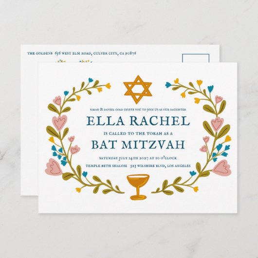 Bloemenkrans Bat Mitzvah Hand-getrokken Custom QRc Briefkaart (Voorkant / Achterkant)