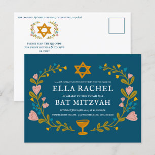 Bloemenkrans Bat Mitzvah Hand-getrokken Custom QRc Briefkaart