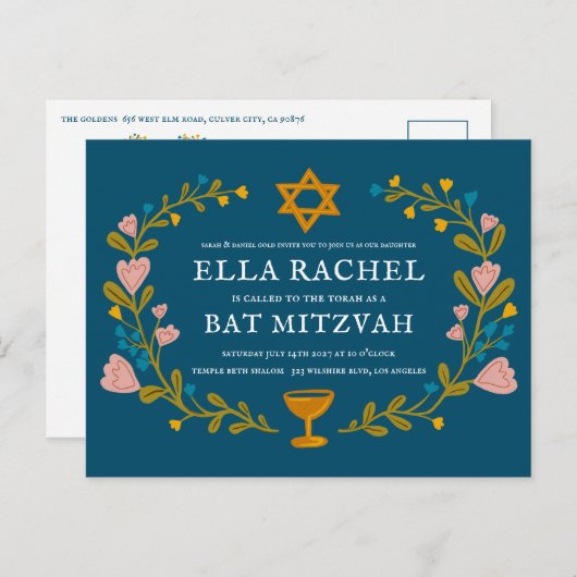 Bloemenkrans Bat Mitzvah Hand-getrokken Custom QRc Briefkaart (Voorkant / Achterkant)