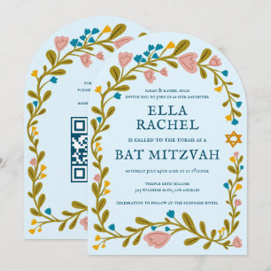 Bloemenkrans Bat Mitzvah Hand-getrokken Custom QRc Kaart