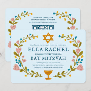 Bloemenkrans Bat Mitzvah Hand-getrokken Custom QRc Kaart