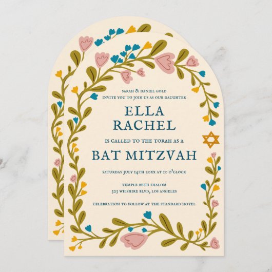 Bloemenkrans Bat Mitzvah Hand-getrokken Custom QRc Kaart (Voorkant / Achterkant)
