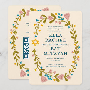 Bloemenkrans Bat Mitzvah Hand-getrokken Custom QRc Kaart