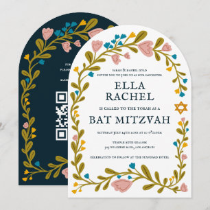 Bloemenkrans Bat Mitzvah Hand-getrokken Custom QRc Kaart