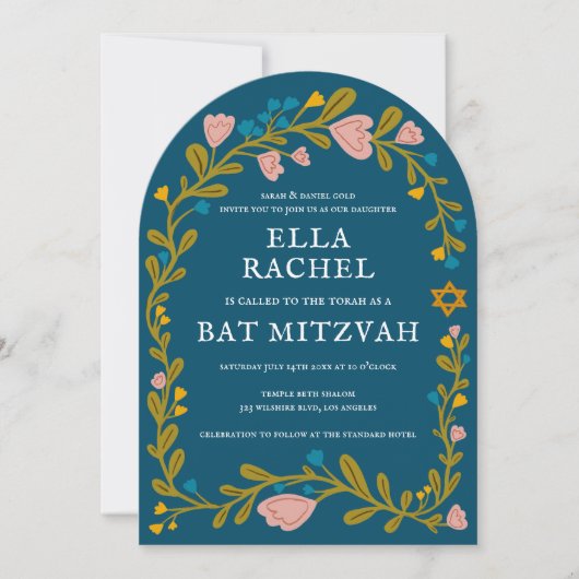 Bloemenkrans Bat Mitzvah Hand-getrokken Custom QRc Kaart (Voorkant)