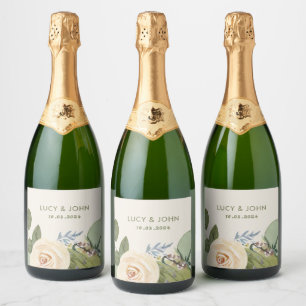 bloemenkrans bruiloft gunst blush Roos Sparkling Wijnetiket