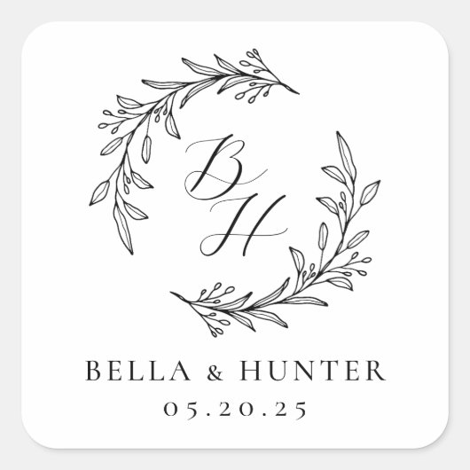 Bloemenkrans bruiloft Initiaal Monogram Vierkante Sticker (Voorkant)