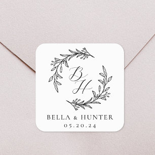 Bloemenkrans bruiloft Initiaal Monogram Vierkante Sticker