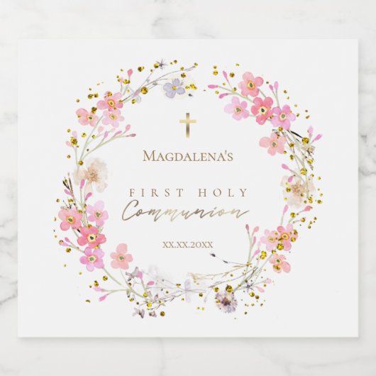 Bloemenkrans Eerste Heilige Communie Sparkling Wijnetiket (Enkel label)