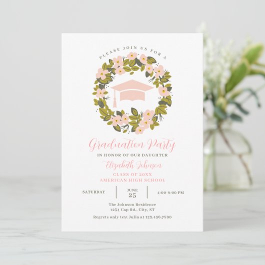 Bloemenkrans en Pet Afstuderen Uitnodiging (Staand voorkant)