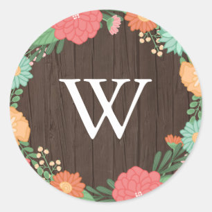  Bloemenkrans Houten Graan Bruiloft Monogram Ronde Sticker