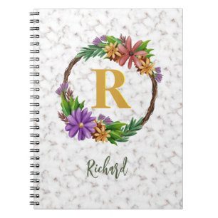 Bloemenkrans Initiële Letter Monogram Naam Marmer Notitieboek