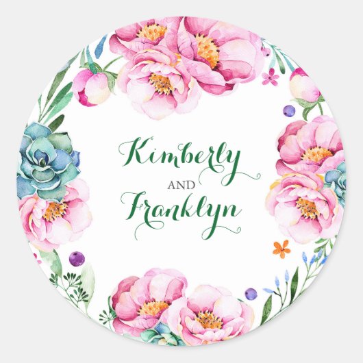 Bloemenkrans Moderne waterverf bruiloft Ronde Sticker (Voorkant)