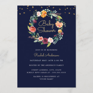 Bloemenkrans Navy Goud Baby Shower Kaart