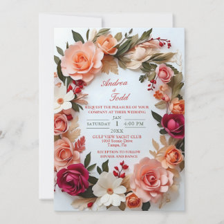 Bloemenkrans rozen madeliefjes bruiloft kaart