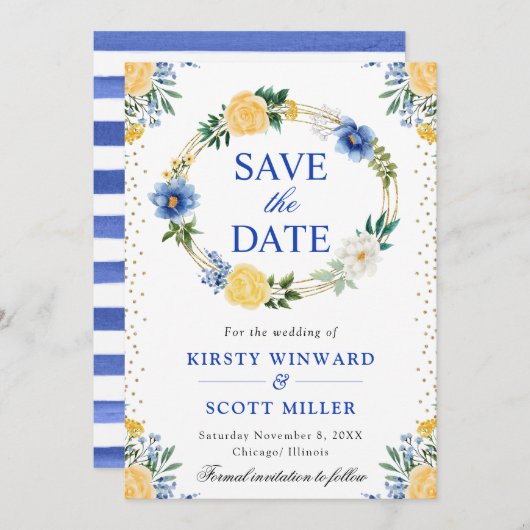 Bloemenkrans Trouwen in Blauw en Geel Save The Date (Voorkant / Achterkant)